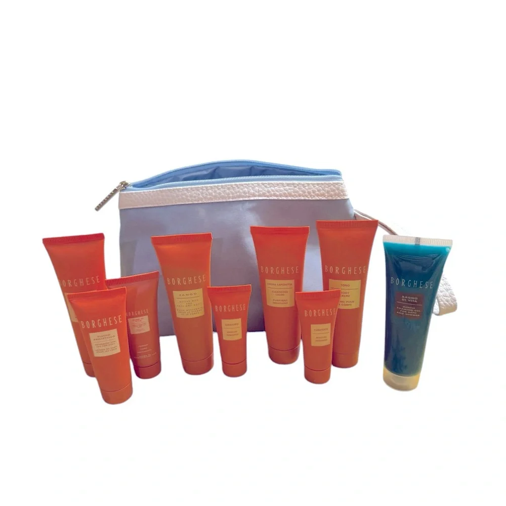 Borghese blue cosmetics bag w/travel size collection of skincare products. NEW